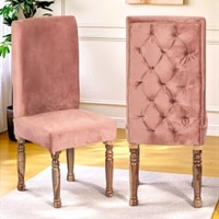 Rosslyn wood Accent Set of 2 Dining Chairs in Coral Pink Velvet Upholstery with TEAK FINISH
