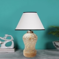 Devansh Conical White & Black  Cotton Shade  Lamp With  Wood & Mosaicglass Base For Decoration /Office/Home/Gifting/Study For Decoration /Office/Home/Gifting/Study -(10X10X14.5) Inches -