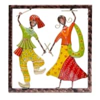 Desert Art Metal Handpainted Dandiya Couple Wall Hanging in Yellow Colour