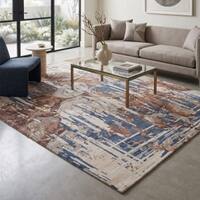 Ivory Blue Brown Abstract Wool Silk Hand Tufted Area Rug for Living Room Bedroom 9x12