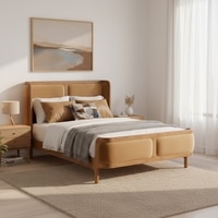 Valerio Duo-Panel Luxe King Size Bed in Camel Brown colour Velvet with Oak wood Frame