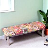 Asteria Solid Wood 2 Seater Bench In Multi Colour Israel Print Kantha Fabric