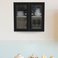Aluminium Black Profile 2 Fluted Glass Handless Shutters Wall Cabinet In Highland Pine Finish