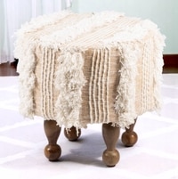 Louisville Acacia Wood Mid Century Round Pouf Stool in Beige Fabric