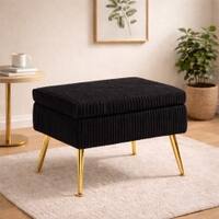 Doe Buck Ribbed Velvet Ottoman Stool in Black Colour with Gold Metal Legs