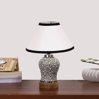 Devansh Conical White & Black  Cotton Shade Lamp With Wood & Mosaic Glass Base For Decoration/Office/Home/Gifting/Study For Decoration/Office/Home/Gifting/Study -(10X10X14.5) Inches -A
