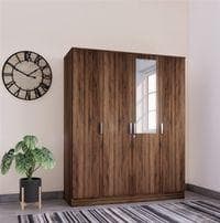 Julian Engineered Wood 4 Door Mirror Wardrobe In Walnut Finish