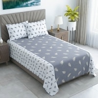 Grey And White Floral Cotton 400 Tcflat Single Bed Size Bedsheet With 2 Pillow Covers