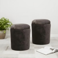 Wayne Pine Wood Accent Set of 2 Ottoman Pouffees in Cedar Brown Velvet