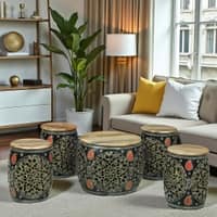 Ethnic Handcrafted Painted Metal Coffee Table with 4 Stools in Multicolour Finish Set of 5