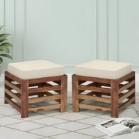 Houston Sheesham Wood Contemporary Set of 2 Stools in Jute White, Natural Teak Finish