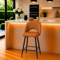 Doe Buck Luxury Tan Faux Leather Counter Height Bar Stool Chair with Black Metal Legs