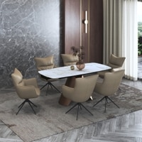 Aeris Ceramic 4 To 6 Seater Extendable Dining Table With 4 Beck Dining Chairs (Finish : Gilded White, Chair Colour : Taupe Leatherette)