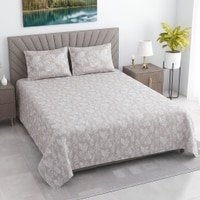 Creamy Beigefloral Cotton  400 Tc Flat  Super King Size Bedsheet With 2 Pillow Covers