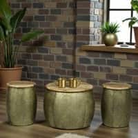 Moroccan Style Metal Coffee Table with 2 Stools in Gold Finish Set of 3