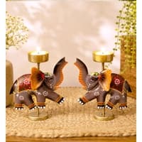 Desert Art Metal Handpainted Elephant Tealight Holder Set of 2