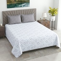 White And Grey  Geometric Cotton  400 Tc  Flat  Super King Size Bedsheet With 2 Pillow Covers