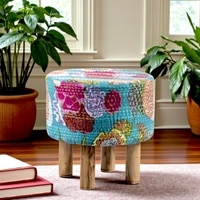 Morgan Solid Wood Pouf Stool in Floral Print Green Kantha Fabric
