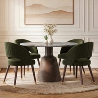 Massa Solid Wood And Sanwar 4 Seater Round Dining Table with 4 Celia Accent Dining Chair in (Finish: Danish Walnut, Colour: Deep Olive Velvet)