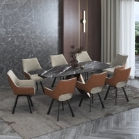 Aeris Ceramic 6 To 8 Seater Extendable Dining Table With 6  Casey Dining Chairs (Finish : Black Jade, Chair Colour : Beige & Tan)
