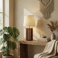 Ventus Brown Wooden Table Lamp with Yellow Printed Fabric Lampshade