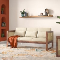 Korai Plus 3 Seater Sofa In Teak Finish & Macadamia Brown Hopsack Weave Fabric