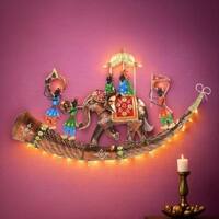 Desert Art Metal Handpainted Royal Baarat Bhopu Wall Hanging with LED in Golden Colour