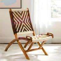 NatWest Sheesham Wood Relaxing Lounge Chair in Assorted Multi-Colour Chindi and White Rope Canning