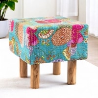 Verona Solid Wood Pouf Stool in Floral Print Green Kantha Fabric