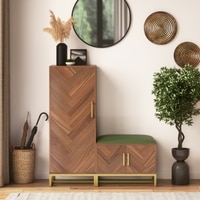 Nina 16 Pair Solid Wood Shoe Cabinet with Seat In Amber Walnut Finish