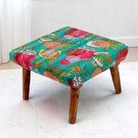 Queens Solid Wood Pouf Stool in Sea Green Fruit Print fabric
