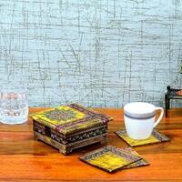 Desert Art MDF Hand Painted Yellow Tea Coaster Set with 6 Coasters and Holder