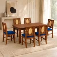 Globally Indian Bastien Solid Sheesham Wood 6 Seater Dining Table Set 6 Chairs Navy Blue