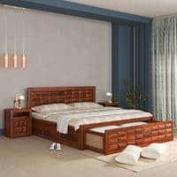 Diamond Box and Drawers Storage Queen Bed in Honey Finish