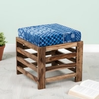 Houston Sheesham Wood Stool with Indigo Patch Kantha Cushion