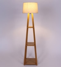 Stool Teak Polish Floor Lamp in Beige Shade