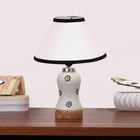 Devansh Conical White & Black  Cotton Shade Lamp With Wood & Mosaic Glass Base For Decoration/Office/Home/Gifting/Study For Decoration/Office/Home/Gifting/Study -(10X10X14.5) Inches -A