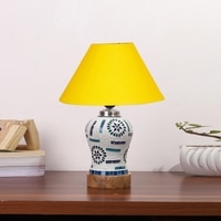 Devansh Conical Yellow Cotton Shade Lamp With Wood & Mosaic Glass Base For Decoration/Office/Home/Gifting/Study For Decoration/Office/Home/Gifting/Study -(10X10X14.5) Inches -A