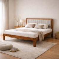 Linea Solid Wood Queen  Size Upholstered Bed Without Storage (Provincial Teak Finish, Grey Colour)