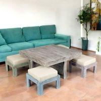 Blane Sheesham Wood Country Side Coffee Table Set With 4 Stools In Antique Multicolour Finish