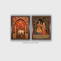 Folk Mughal Canvas Wall Prints Canvas Wall Prints Set of 2 Multicolor Matte