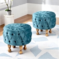 Louisville Acacia Wood Accent Round Set of 2 Pouf Stools in Turquoise