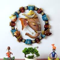 Desert Art Metal Handpainted Laddu Ganesha Wall Hanging 18 x 18 Inch