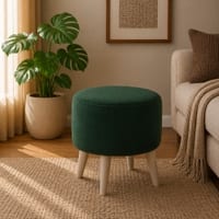 Doe Buck Parker Velvet Round Ottoman Stool in Green Colour with Wooden Legs