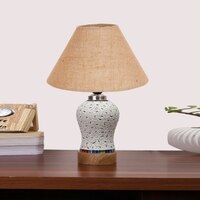 Devansh Conical Beige Jute Shade Lamp With Wood & Mosaic Glass Base For Decoration/Office/Home/Gifting/Study For Decoration/Office/Home/Gifting/Study -(10X10X14.5) Inches -A