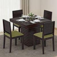 Julian 4 Seater Dining Table With Set Of 4 Oribi Upholstered Dining Chairs (Colour- Avocado Green, Finish- Mahogany)