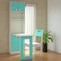 Royale Kids Study Set with Folding Desk cum Bookshelf and Wooden Chair in Misty Turquoise Colour