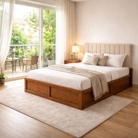 Zyra Solid Wood Queen  Size Upholstered Bed With Box Storage (Provincial Teak Finish, Beige Colour)