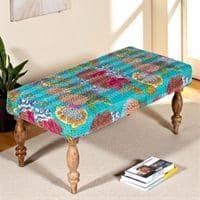 Bestone Solid Wood Bench In Floral Print Green Kantha Fabric