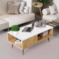 Hexa Engineered Wood Modern Coffee Table With Golden Metal Legs In Giant Wood And Frosty White